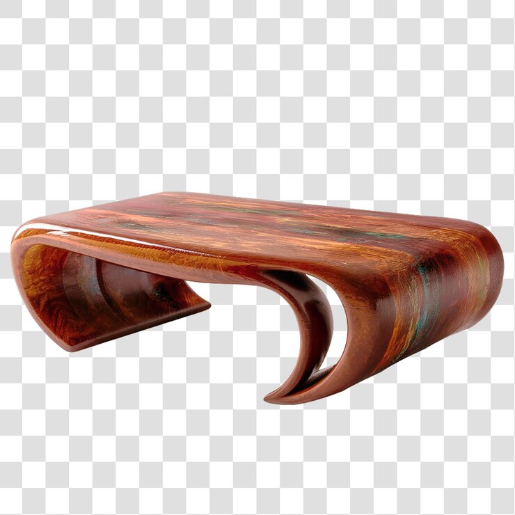 Una mesa de café de madera rústica con curvas distintas aisladas sobre un fondo transparente
