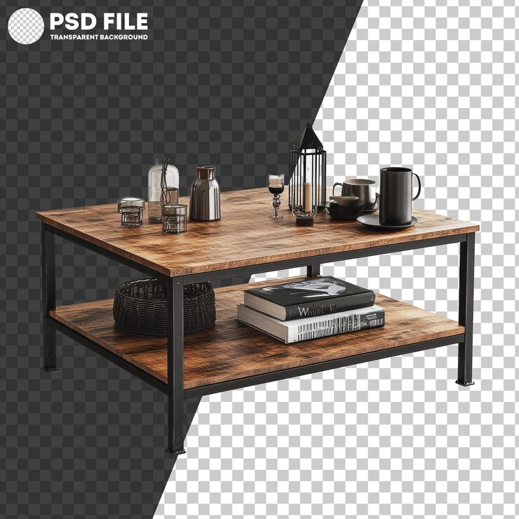 PSD mesa de café de madera rústica de png con artículos decorativos