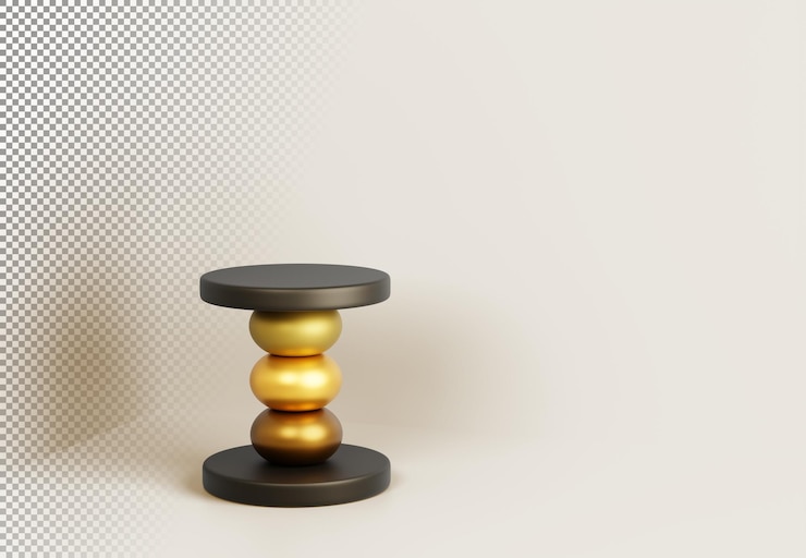 PSD mesa de café moderna con tapa redonda negra y pierna de esferas metálicas doradas 3d render diseño de muebles interiores geométricos para el hogar restaurante galería de arte museo en sala de estudio vacía ilustración 3d