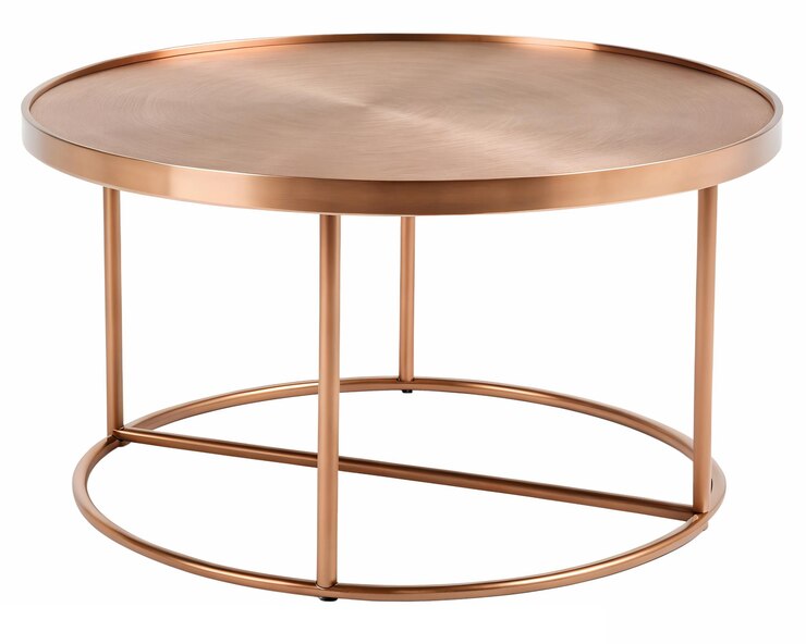 PSD una mesa de café redonda de cobre con una parte superior plana y cuatro patas conectadas por un soporte circular aislado sobre un fondo transparente