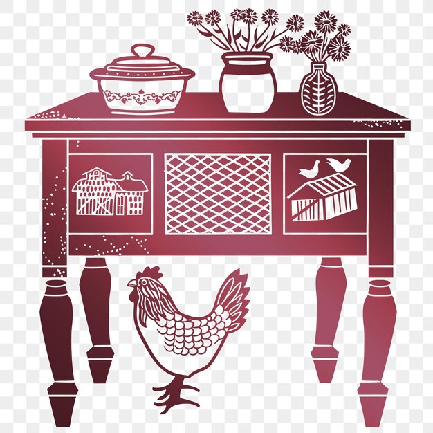 Una mesa de cocina con un pollo y una olla de flores en ella