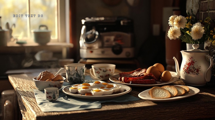 PSD mesa de cocina rústica con escena de desayuno soleado huevos fritos tocino pan flores de café