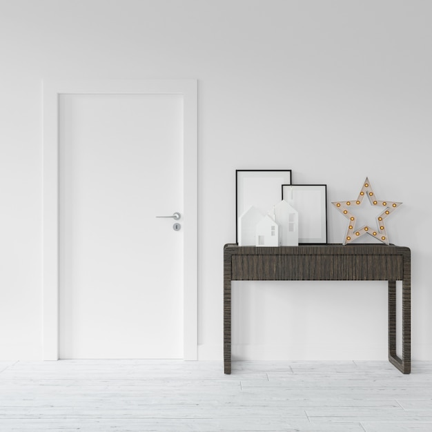 Mesa com molduras e decorações do lado de fora de uma porta