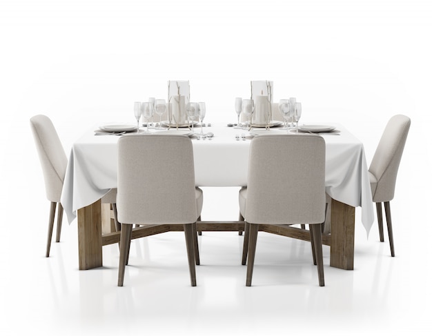 Mesa com toalha de mesa, louça e cadeiras