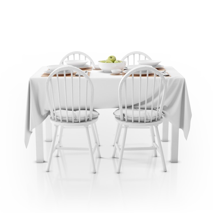 PSD mesa com toalha de mesa, louça e cadeiras