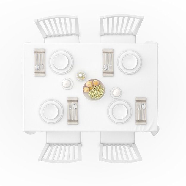 Mesa com toalha de mesa, louça e cadeiras