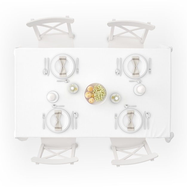 Mesa com toalha de mesa, louça e cadeiras