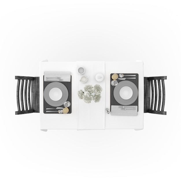 Mesa com toalha de mesa, louça e cadeiras
