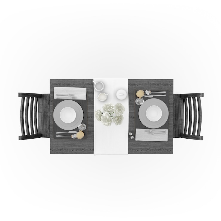PSD mesa com toalha de mesa, louça e cadeiras