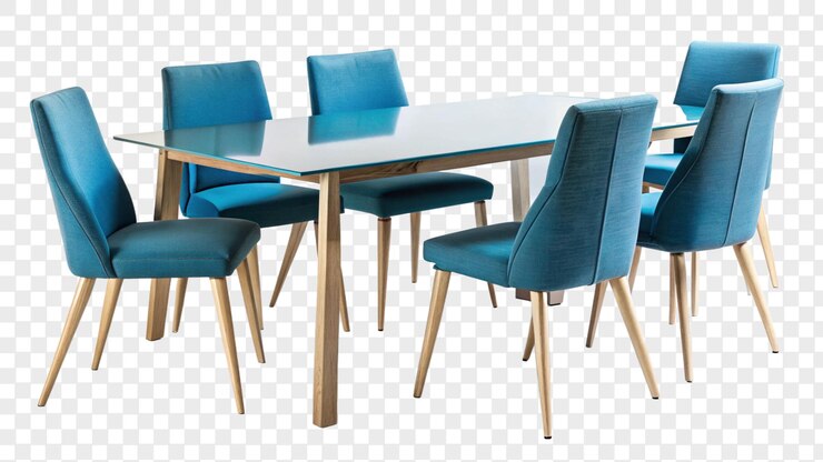 PSD mesa de comedor azul moderna con sillas aisladas en un fondo transparente