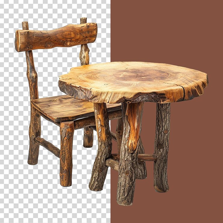 PSD mesa de comedor de madera de árbol viejo aislada sobre un fondo transparente