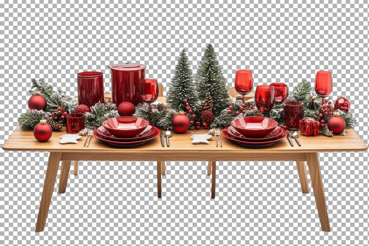 PSD mesa de comedor organizada festivamente con decoraciones rojas y vegetación para una celebración navideña