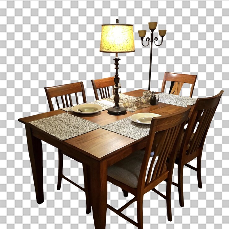PSD una mesa de comedor con sillas y una lámpara