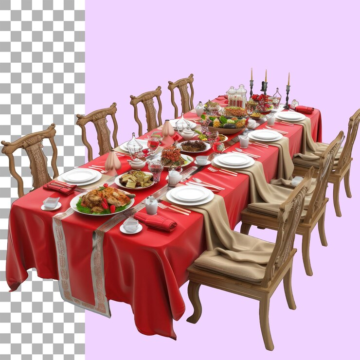 PSD mesa de comedor y sillas llenas de alimentos fondo transparente png corte ot corte de archivo camino sin fondo