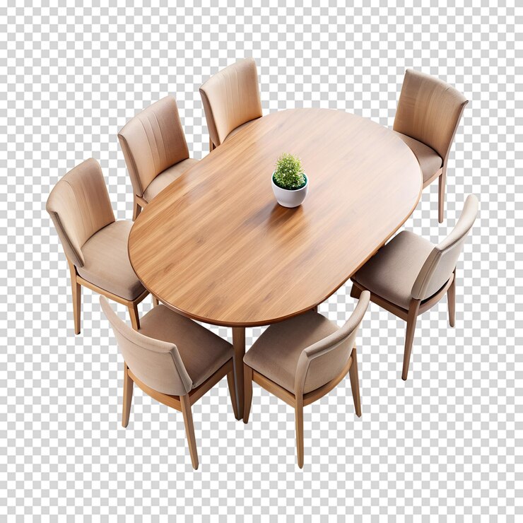 PSD mesa de comedor con sillas vista superior sobre un fondo transparente