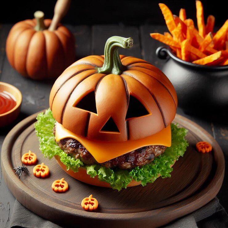 una mesa con comida y un plato de comida que dice calabaza
