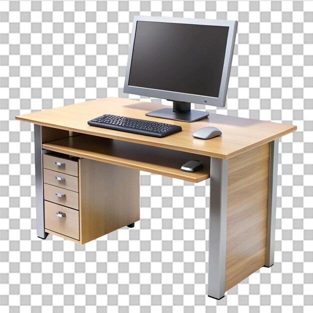 Mesa de computadora con computadora y monitor aislados sobre un fondo transparente