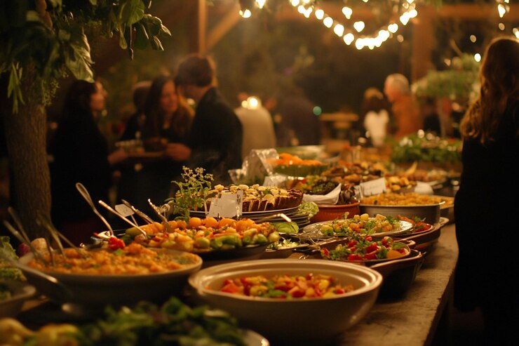 PSD mesa de buffet carregada com diversos pratos em uma festa noturna ao ar livre com convidados se misturando no fundo sob luzes de fada