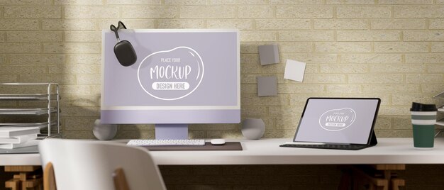 Mesa de escritório de renderização 3d com maquete de computador laptop