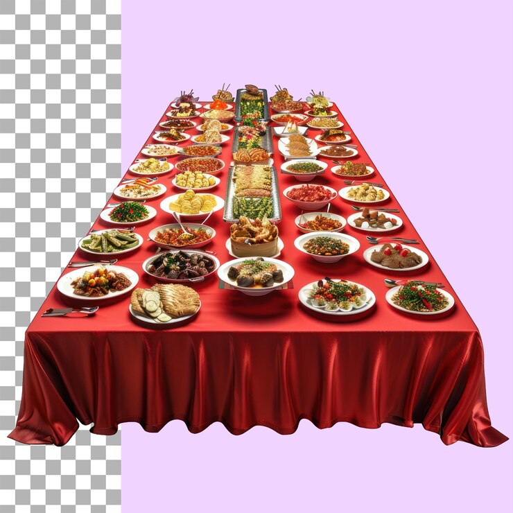 PSD mesa de jantar e cadeiras cheias de alimentos fundo transparente