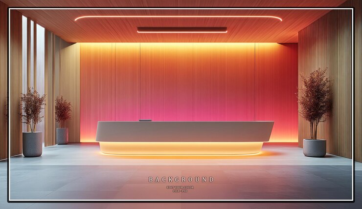 PSD mesa de recepção de escritório moderna com paredes de painéis de madeira e iluminação de néon colorida