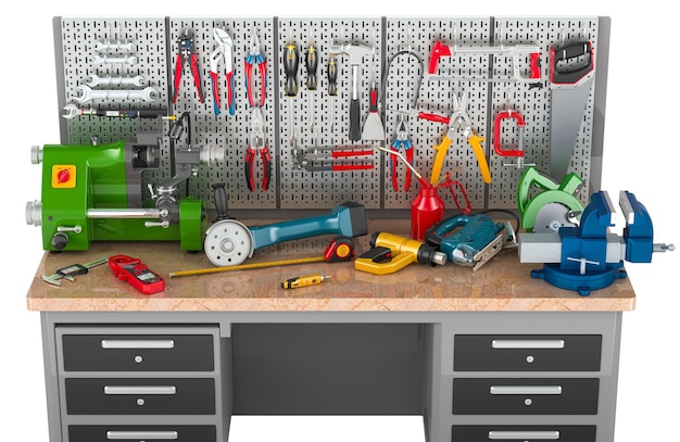 Mesa de trabalho de manutenção com ferramentas e equipamentos de construção renderização 3D isolada em fundo transparente