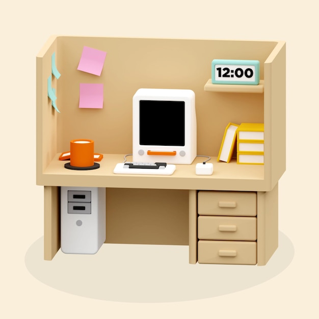 Mesa de trabalho de produtividade de computador retrô 3D