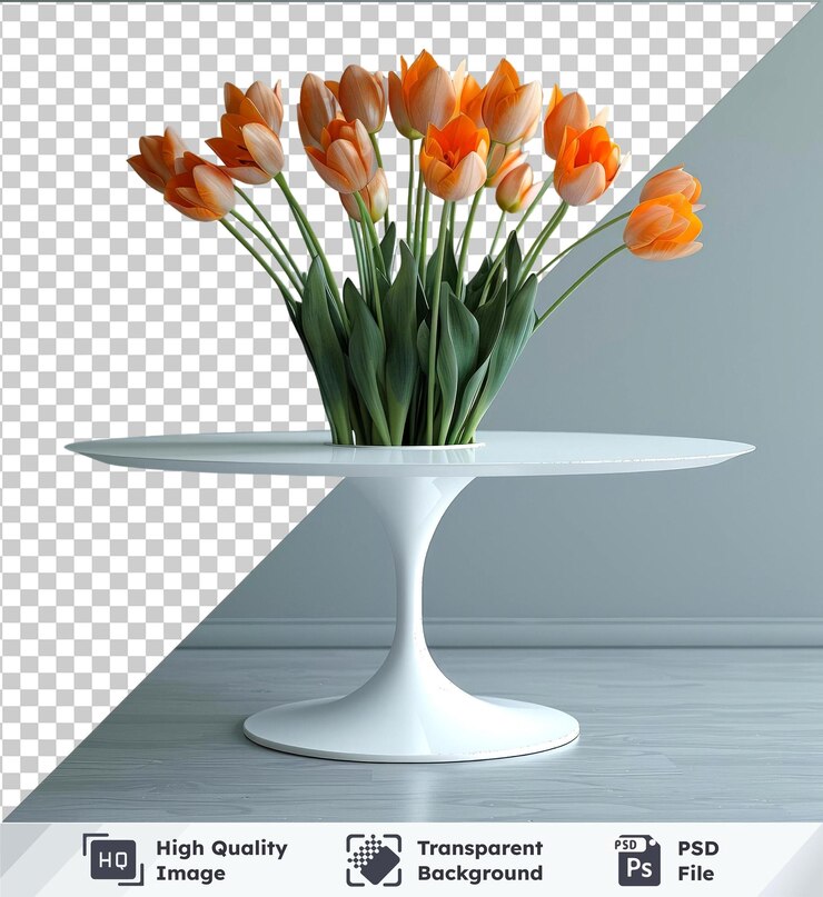 PSD mesa de tulipas psd transparente de alta qualidade com base branca e flores laranjas em madeira e