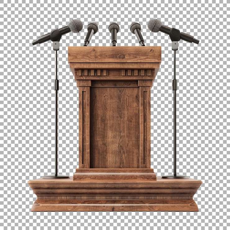 PSD mesa de escenario de madera con micrófono en un fondo transparente generado por ai