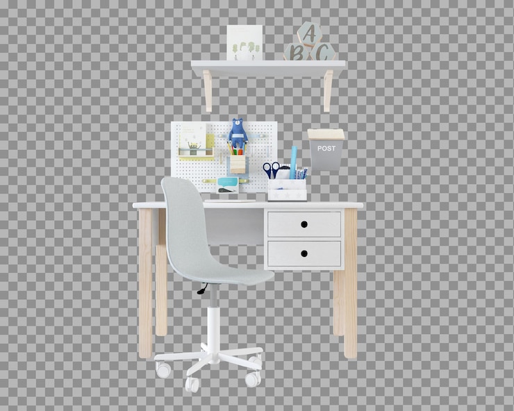 PSD mesa de estudio para niños y silla en representación 3d aislada