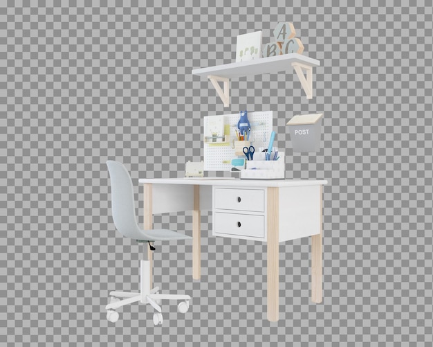 Mesa de estudio para niños y silla en representación 3d aislada