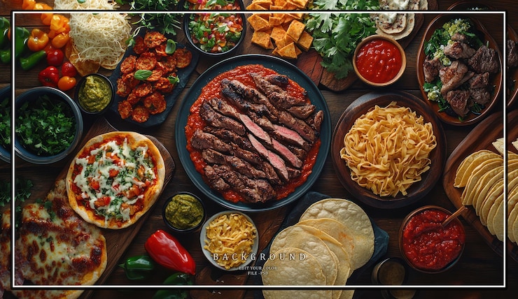 PSD una mesa extendida con una variedad de comida mexicana, incluidos los filetes