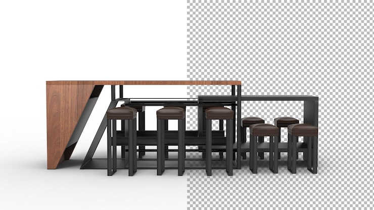 PSD mesa extensible y sillas vista frontal con sombra 3d render
