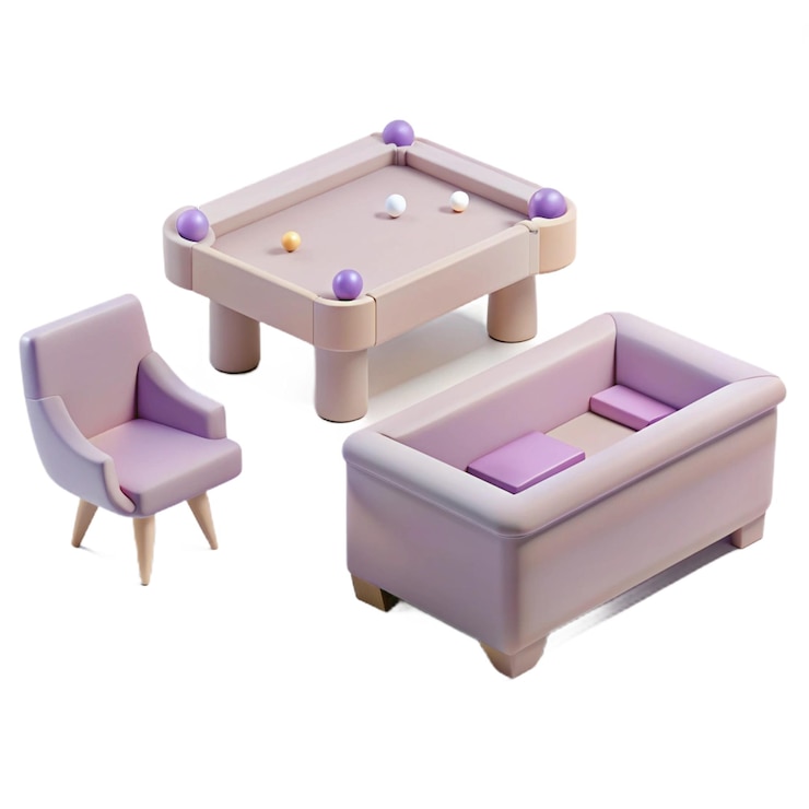 PSD una mesa de juego con sillas púrpuras y moradas y sofás morados