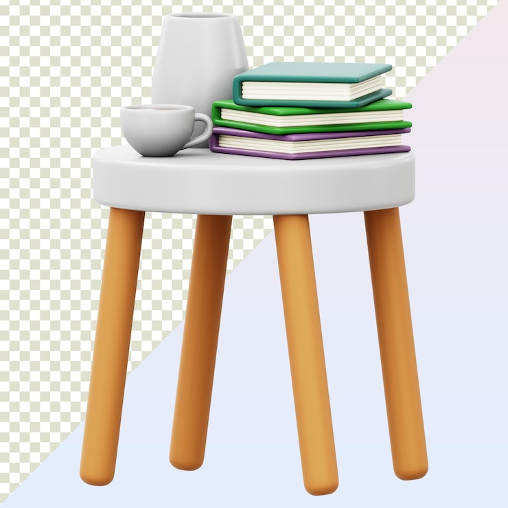 PSD mesa lateral acogedora con libros y taza aislados en un fondo transparente