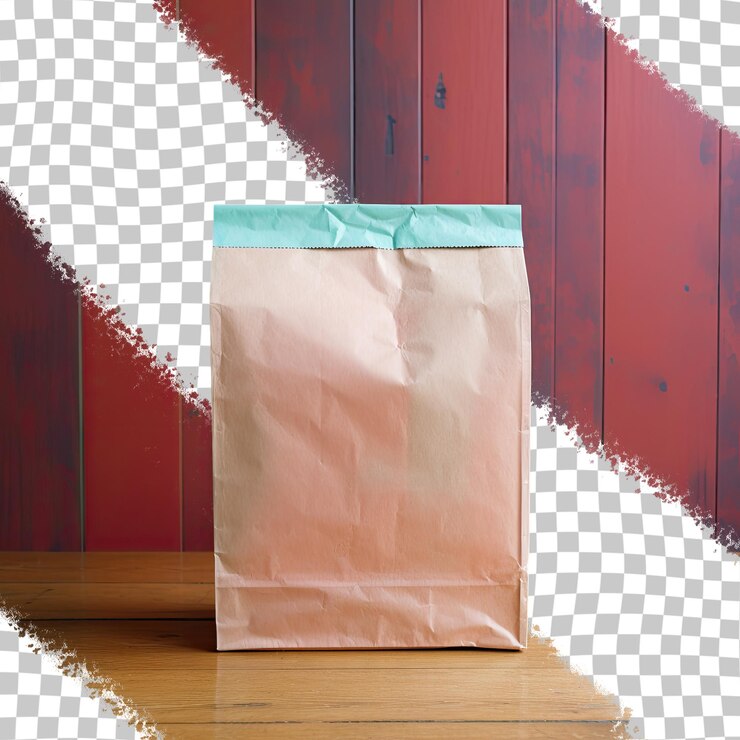 PSD mesa de madera con bolsa de papel de fondo transparente