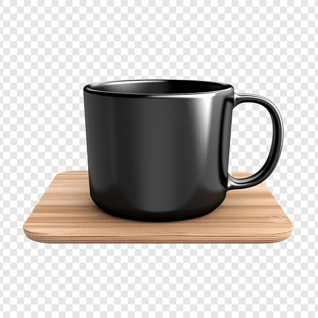 PSD mesa de madera brillante que muestra una taza de porcelana negra aislada en un fondo transparente