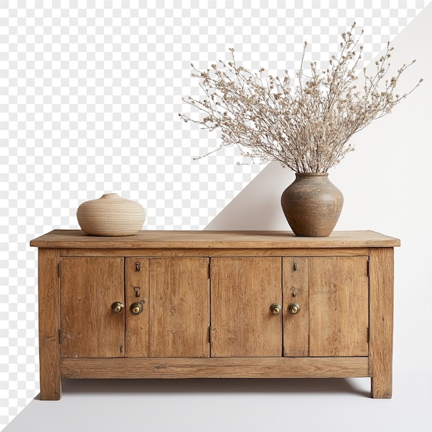 una mesa de madera con un jarrón con flores en ella