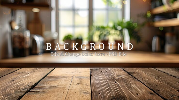 PSD mesa de madera mesa de madera vacía en el fondo borroso de la cocina