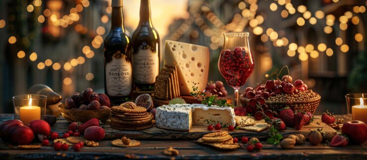 PSD una mesa de madera rústica con una deliciosa variedad de comida y vino perfecta para una noche romántica bajo el cálido resplandor de las luces de hadas