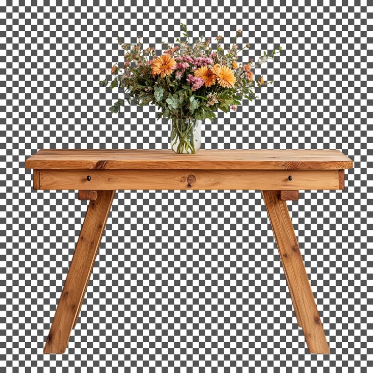 PSD mesa de madera rústica con ramo de flores aislado sobre un fondo transparente