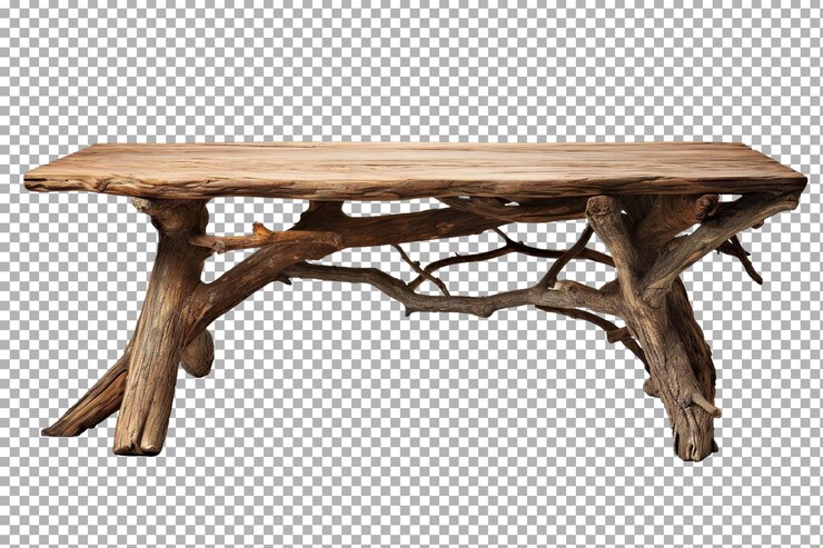 PSD una mesa de madera rústica única hecha a mano de madera a la deriva en un taller costero sobre un fondo transparente blanco o png