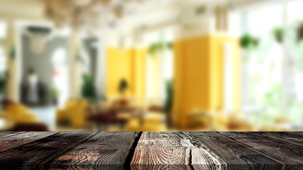 PSD mesa de madera sencilla para exhibir artículos con vista borrosa de cafetería