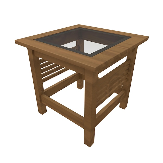 Mesa de madera con tapa de vidrio aislada sobre un fondo transparente
