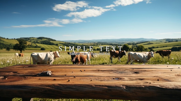 Mesa de madera vacía con campo de hierba y vacas en el fondo