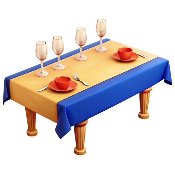 PSD una mesa con un mantel azul y dos cuencos rojos en ella