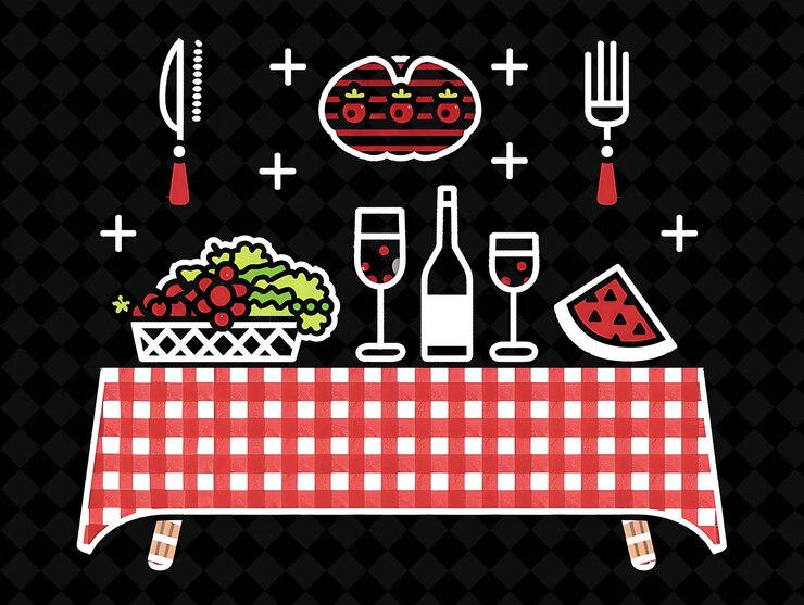 PSD una mesa con un mantel rojo y blanco y una canasta de frutas y una canasa de fresas