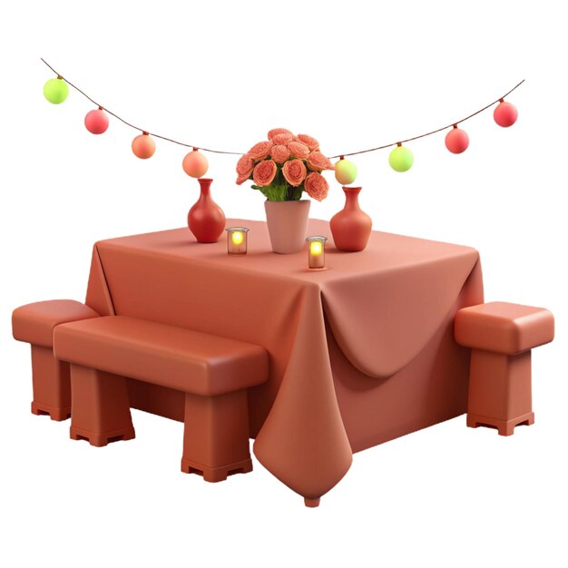 una mesa con un mantel rojo y una planta en olla en ella