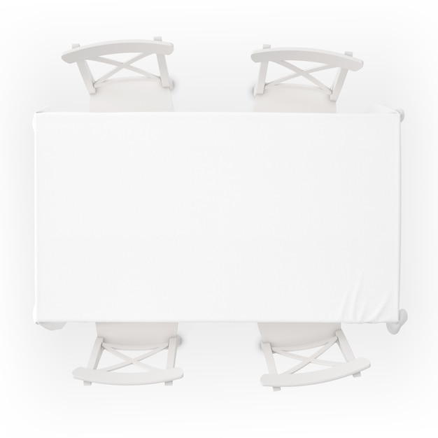 Mesa con mantel y sillas.