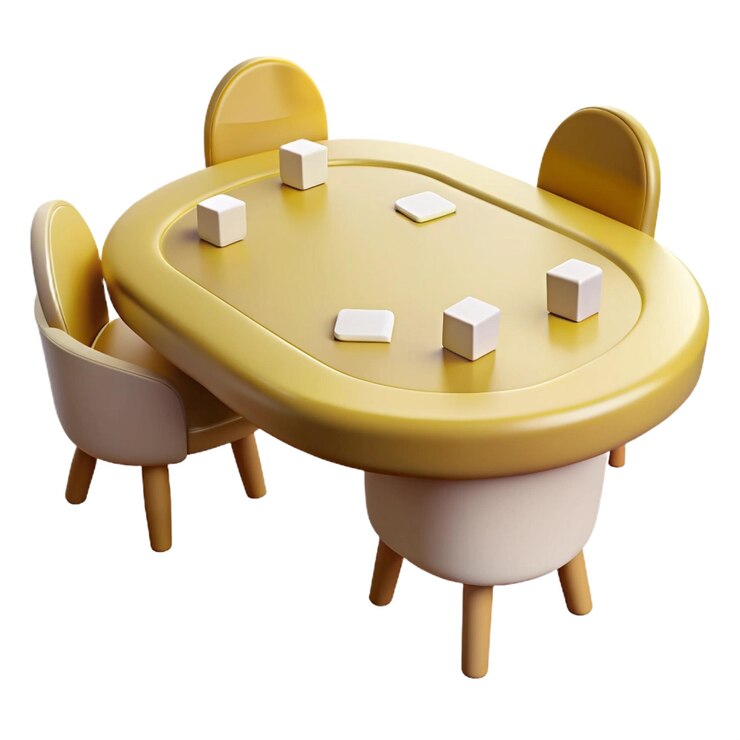 PSD una mesa con una mesa amarilla y sillas con una que dice "cubo" en ella
